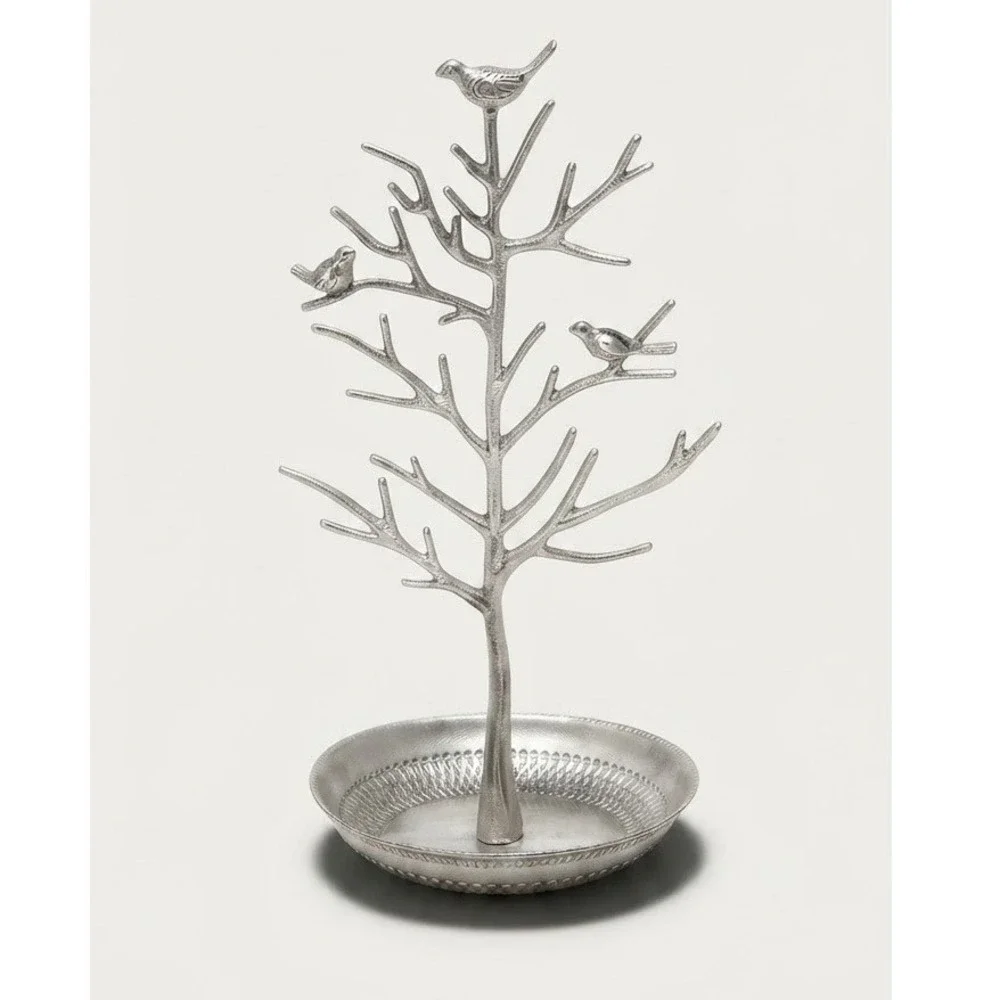 Home Elements 2014 Silver Bird Jewelry Tree Stand Metal Organizer Tray Catch-All